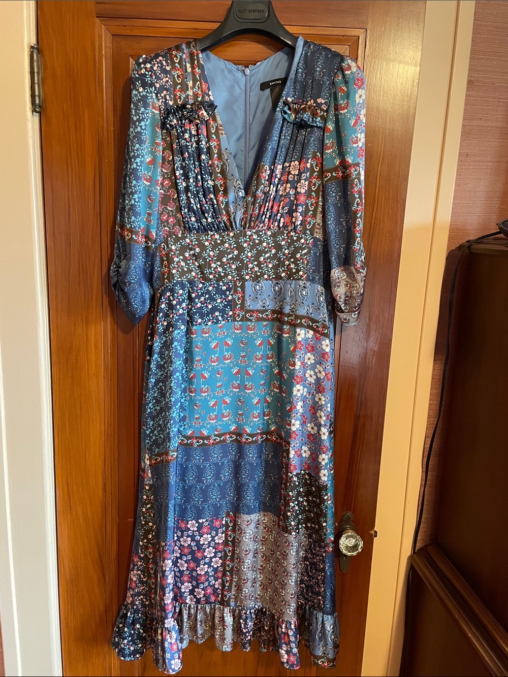 Smythe Blue Patchwork Floral V-Neck Midi Dress
